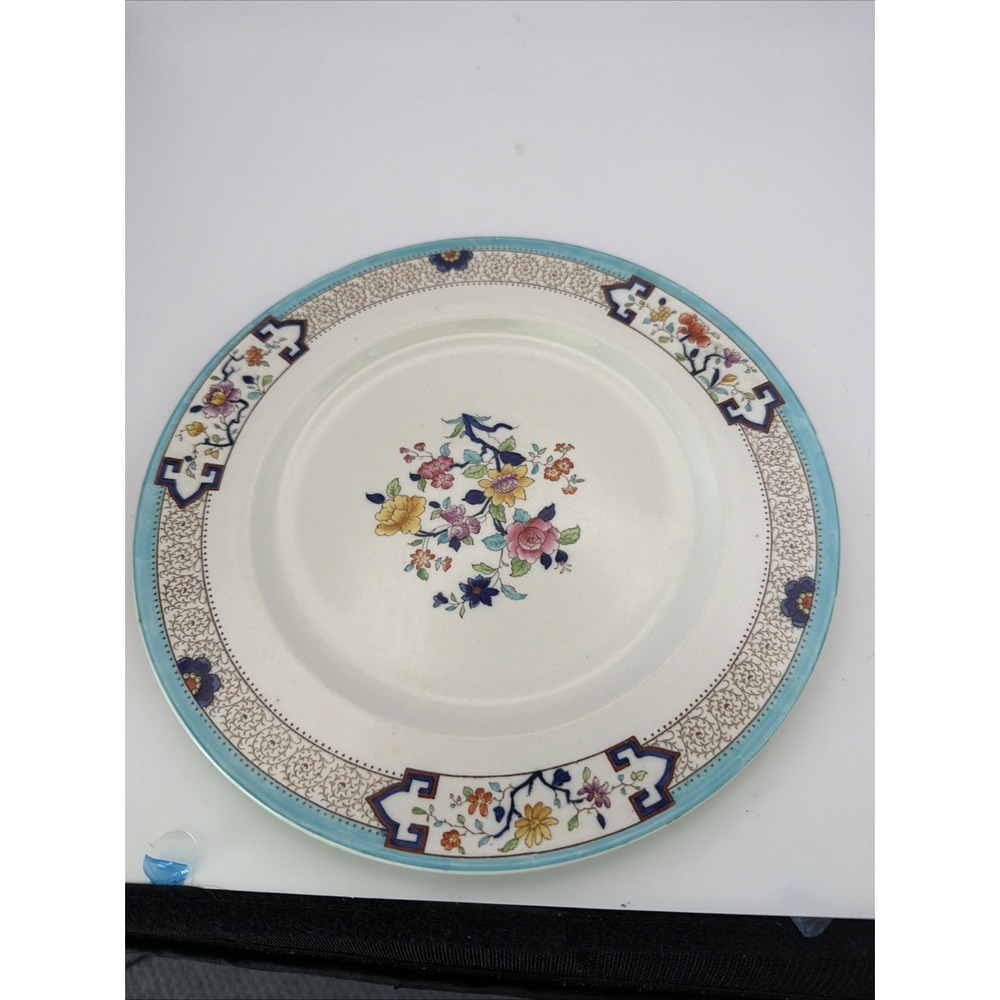 Cauldon England Floral 10" Dinner Plate 2482 Turquoise Border Vintage